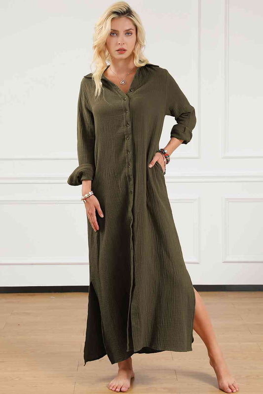 Texture Collared Neck Button Up Slit Moss Green Shirt Dress