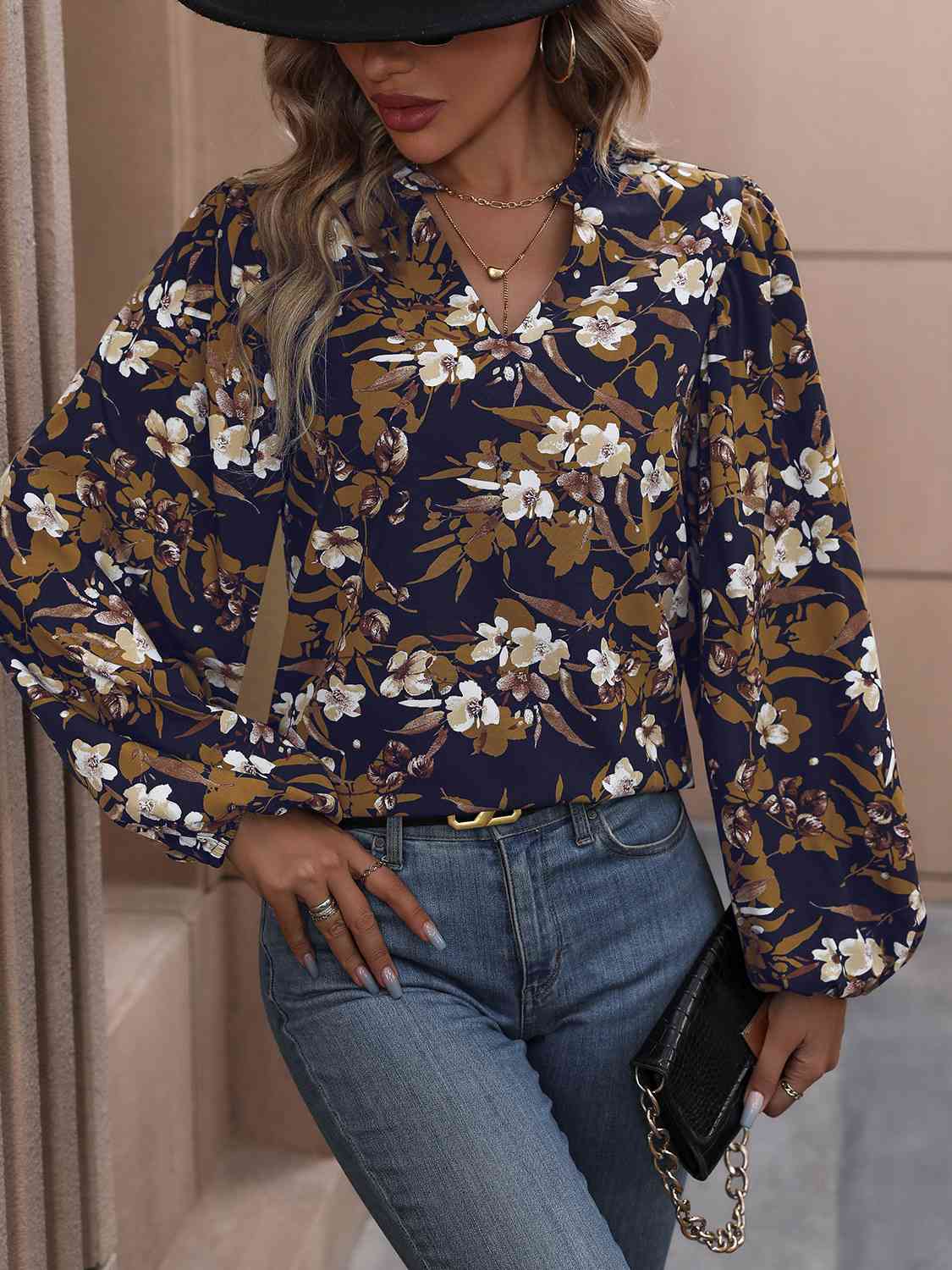 Navy Blue Floral Notched Balloon Sleeve Blouse