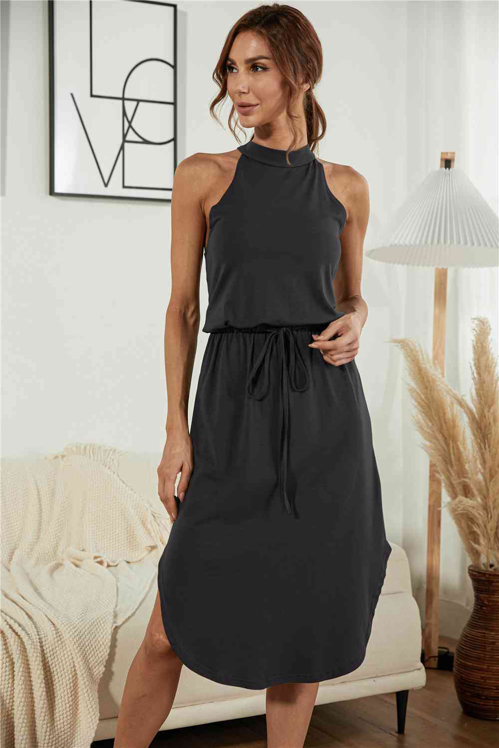 Full Size Drawstring Open Back Slit Sleeveless Dress