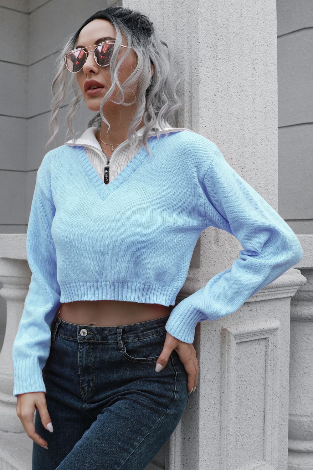 Basic Style Pink, Black, or Blue Contrast Collared Cropped Sweater