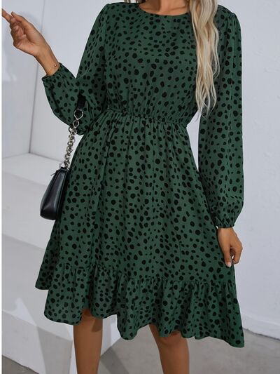 Printed Round Neck Balloon Sleeve Dress