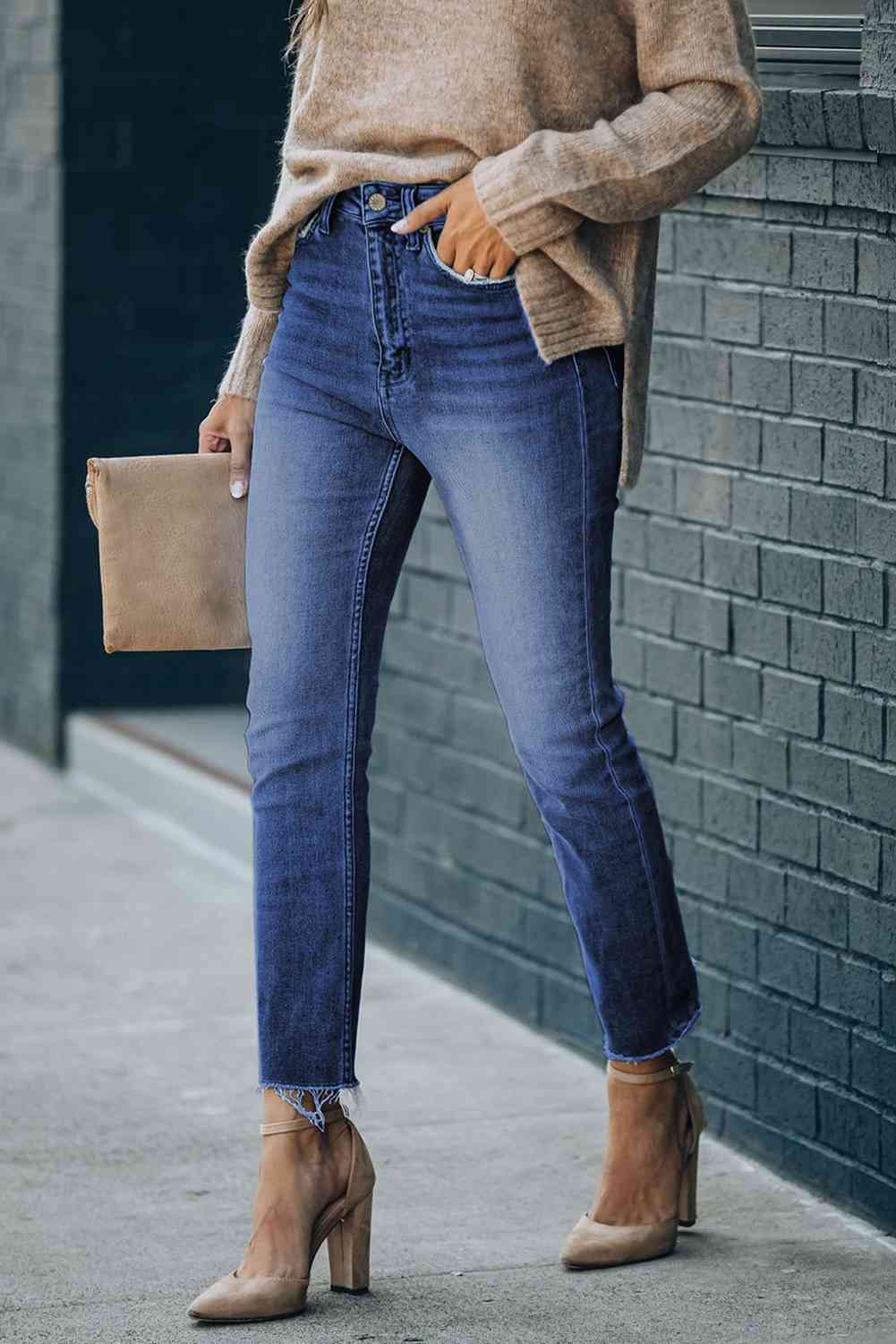 ToshiaMaria High Waist Raw Hem Skinny Jeans in Assorted Colors