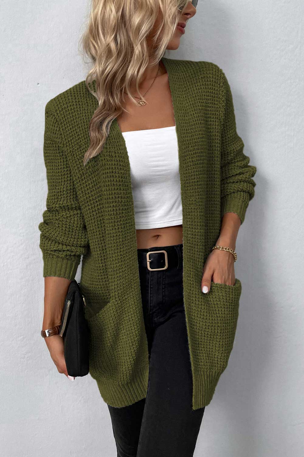 ZeldaMarie Rib-Knit Open Front Pocketed Cardigan