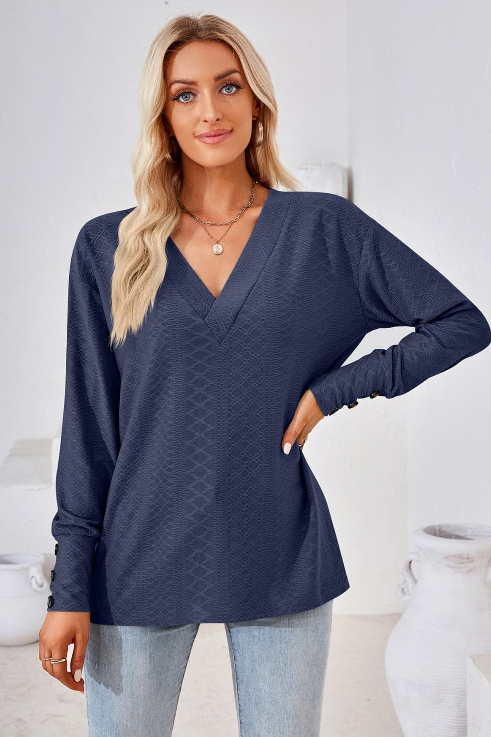 Full Size V-Neck Long Sleeve Blouse