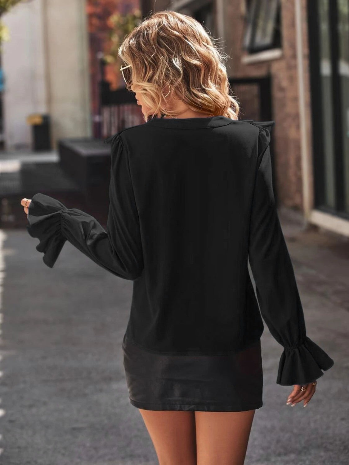 Full Size Ruffled V-Neck Flounce Sleeve Shirt