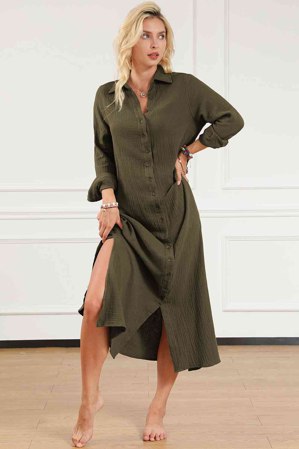 Texture Collared Neck Button Up Slit Moss Green Shirt Dress