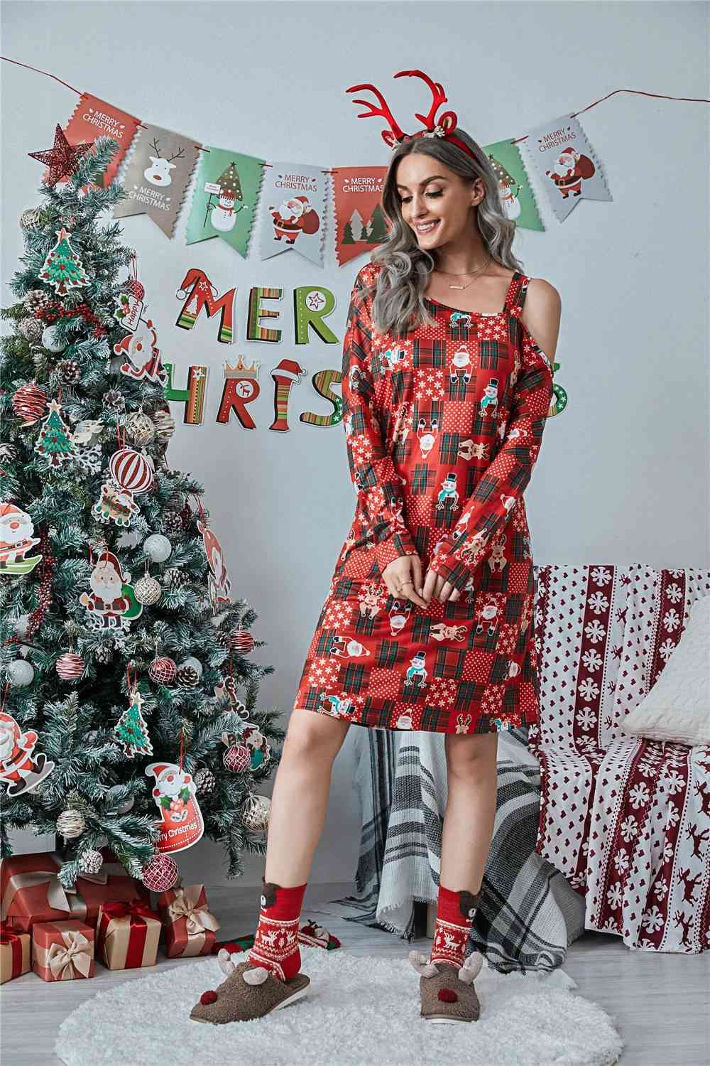 Christmas Asymmetrical Neck Long Sleeve Mini Dress