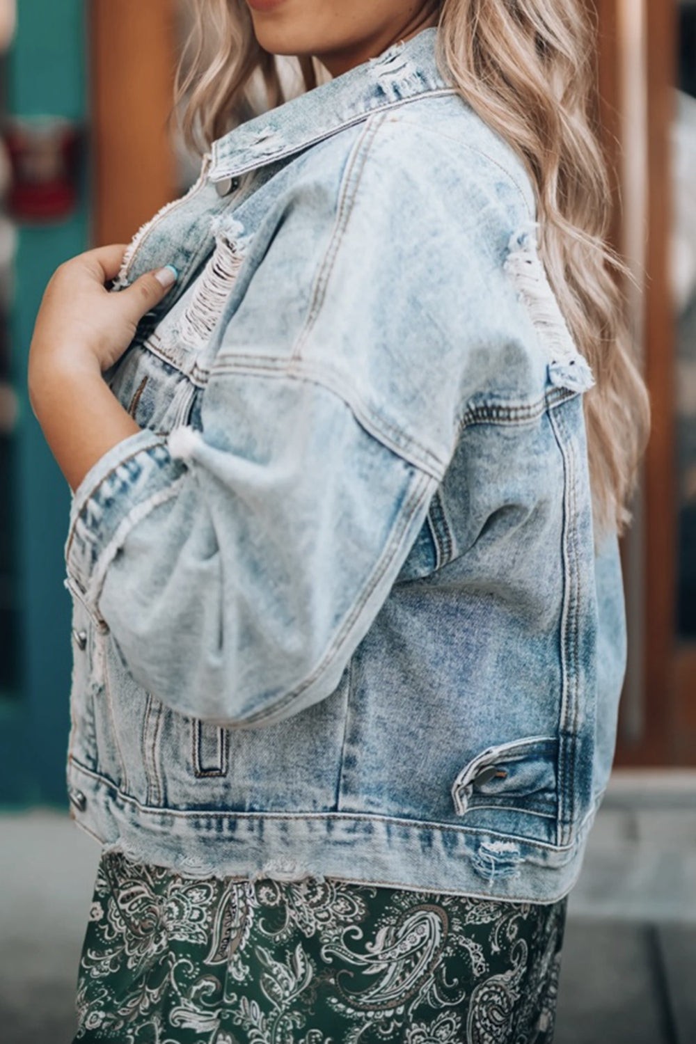 Aaarti&Destiny Full Size Distressed Drop Shoulder Denim Jacket