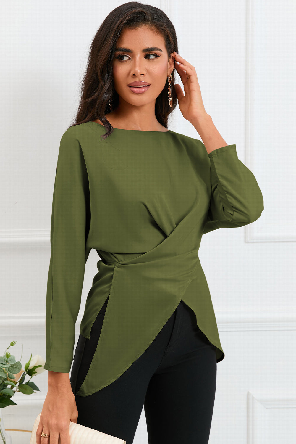 Full Size Boat Neck Back Tie Long Sleeve Satin Blouse