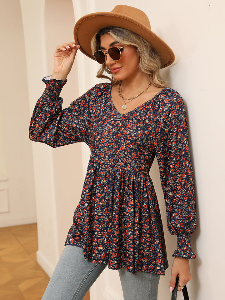 Full Size Printed V-Neck Lantern Sleeve Blouse