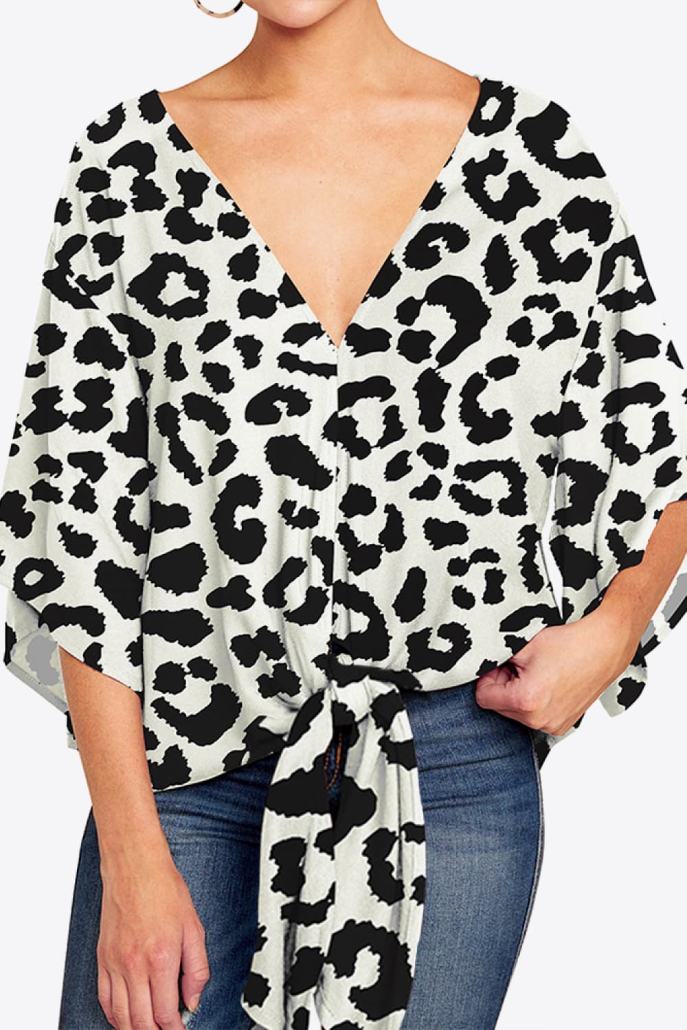 Full Size Printed Deep V Tie Hem Blouse