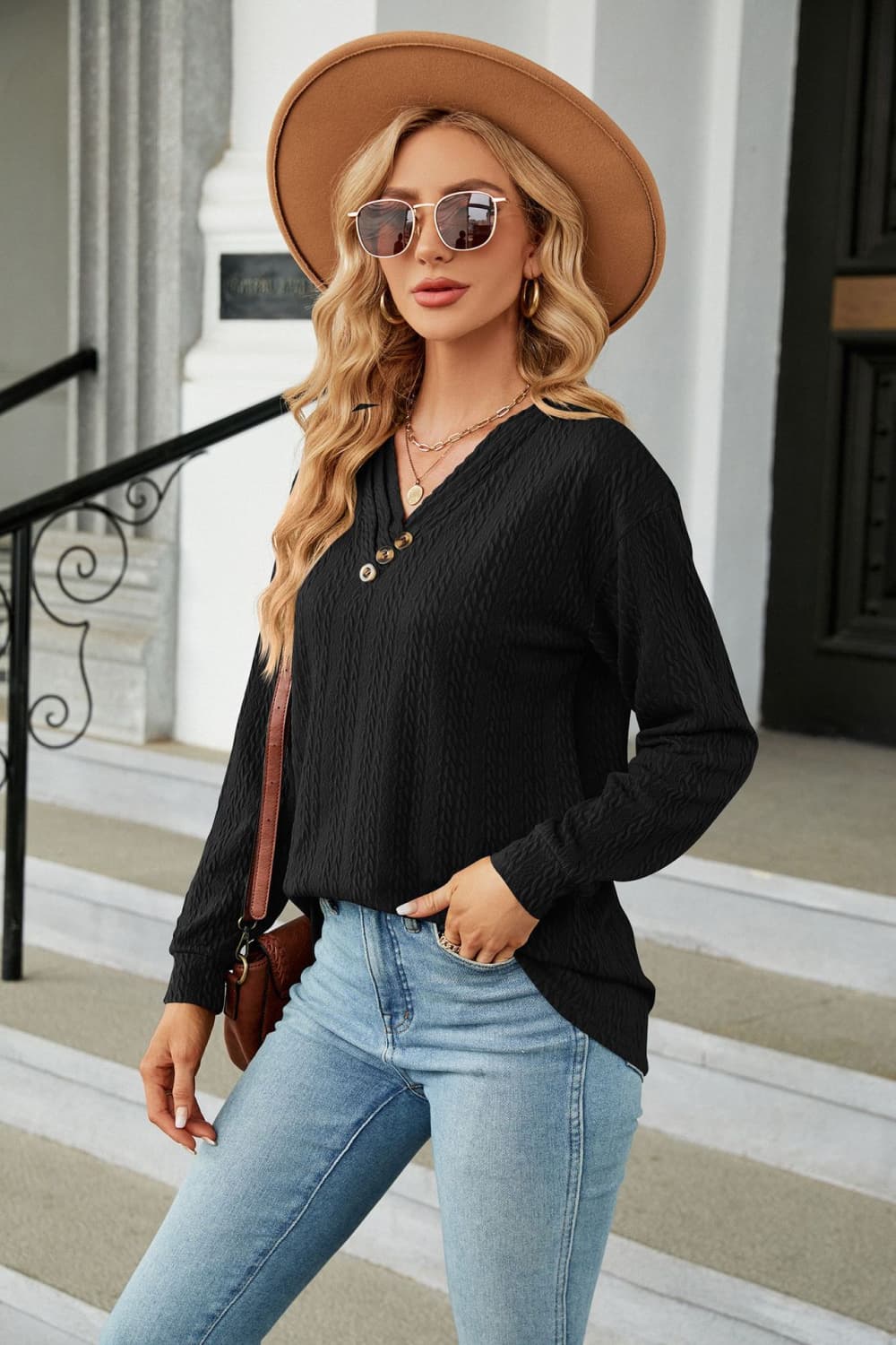 Full Size Decorative Button V-Neck Long Sleeve T-Shirt