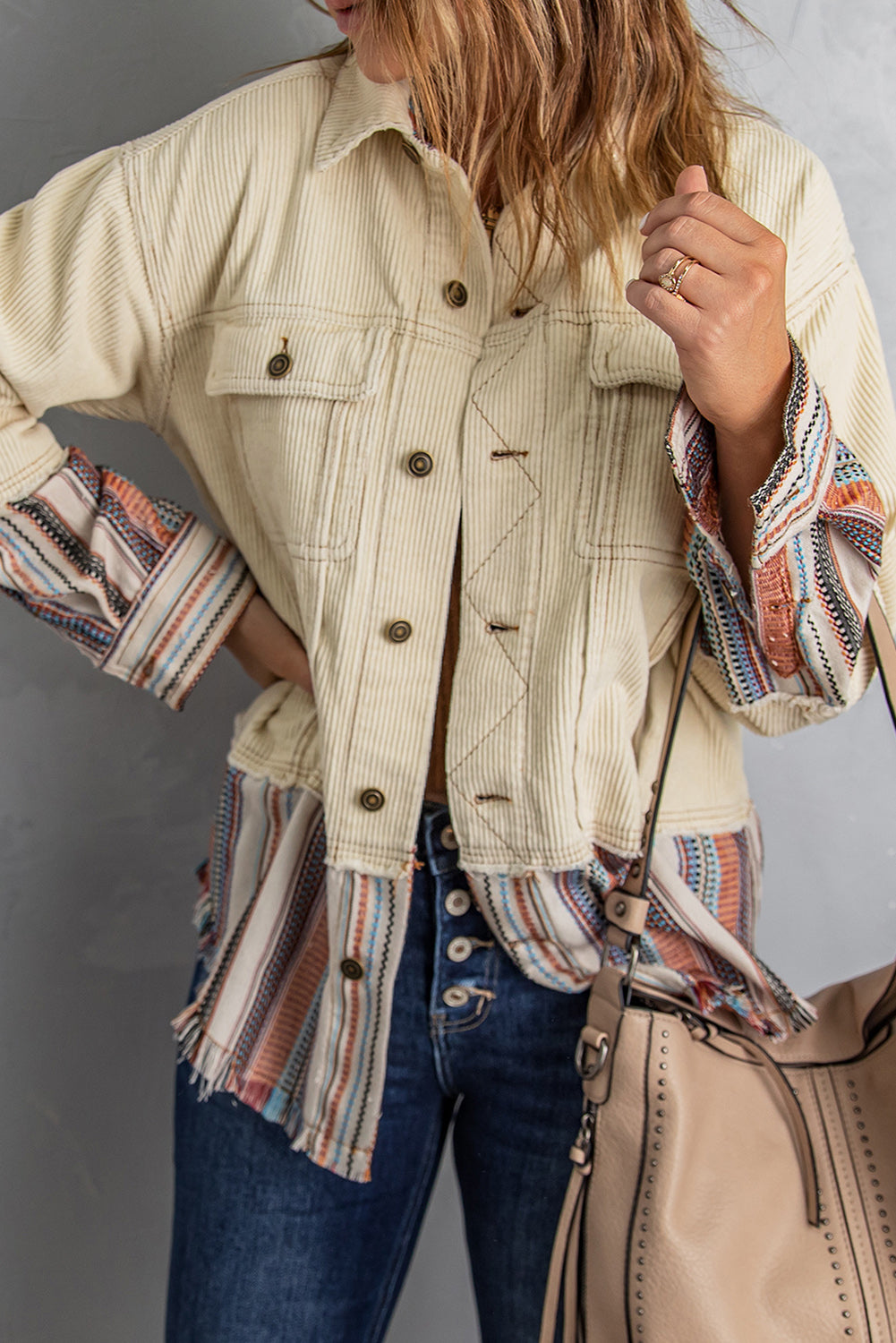 Full Size Striped Frayed Hem Corduroy Jacket