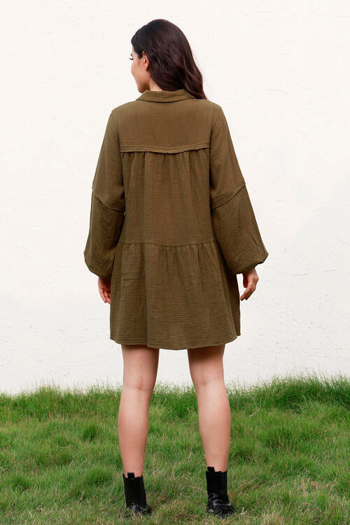 Olive Brown Ruffle Hem Balloon Sleeve Mini Dress