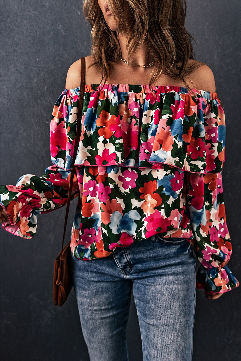 Women's Full Size Floral Off-Shoulder Flounce Sleeve Layered Blouse