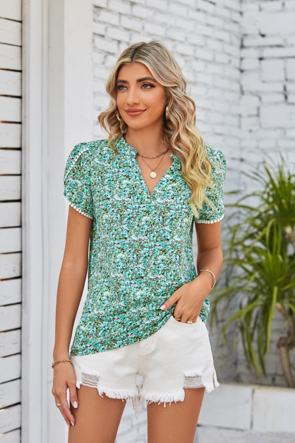 Women's Full Size Floral Notched Neck Blouse