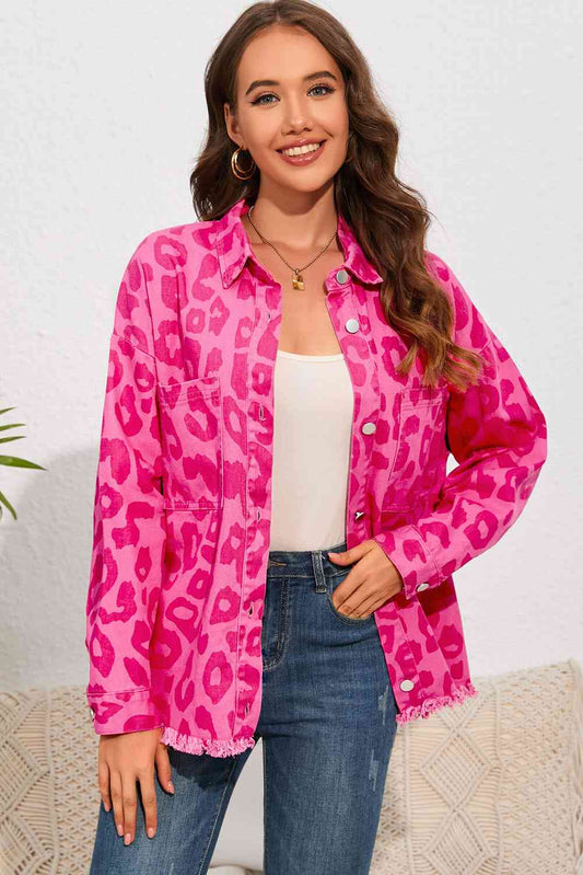 FashionToFigureTrends Hot Pink Leopard Raw Hem Jacket