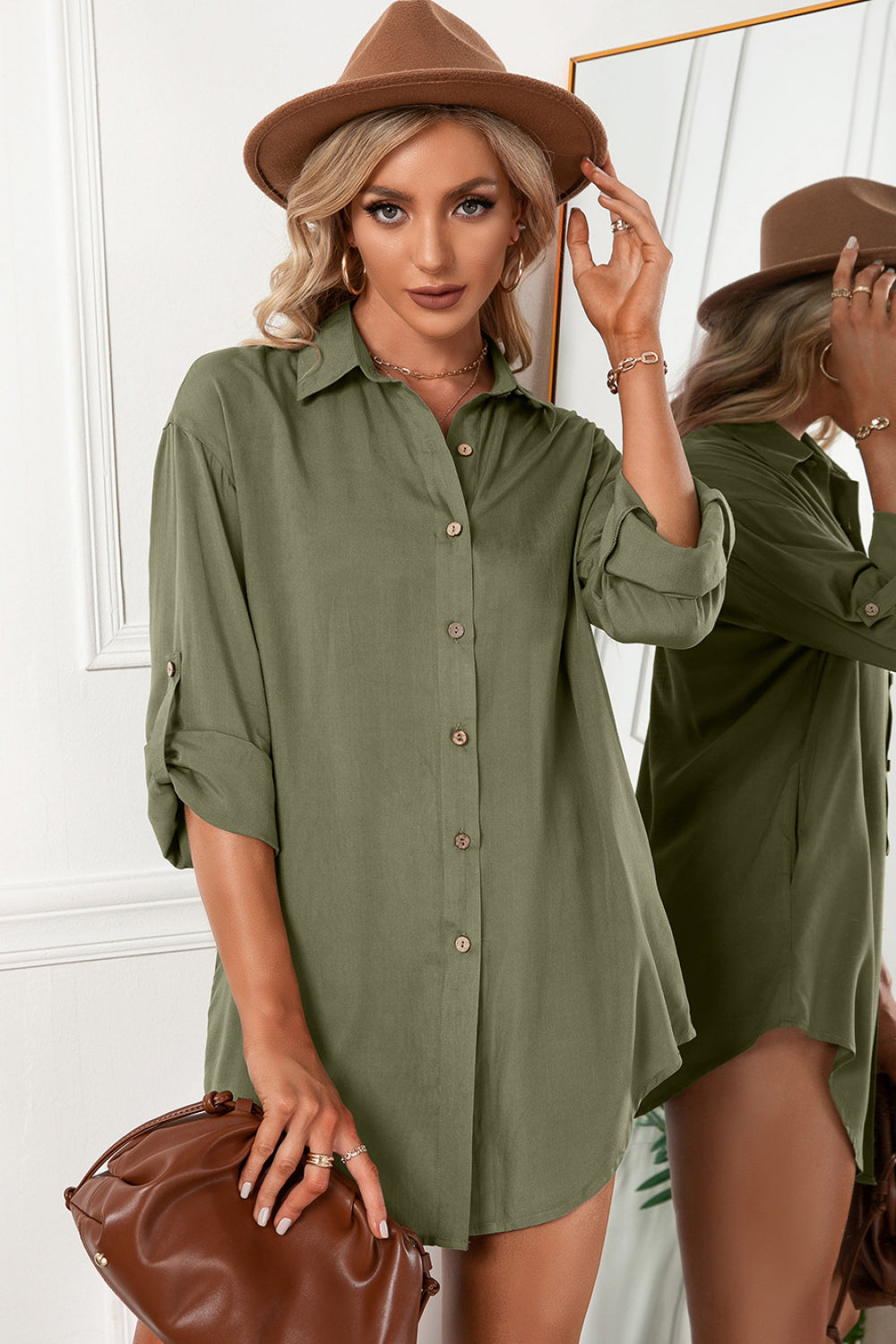 Full Size Solid Button Up Drop Shoulder Blouse
