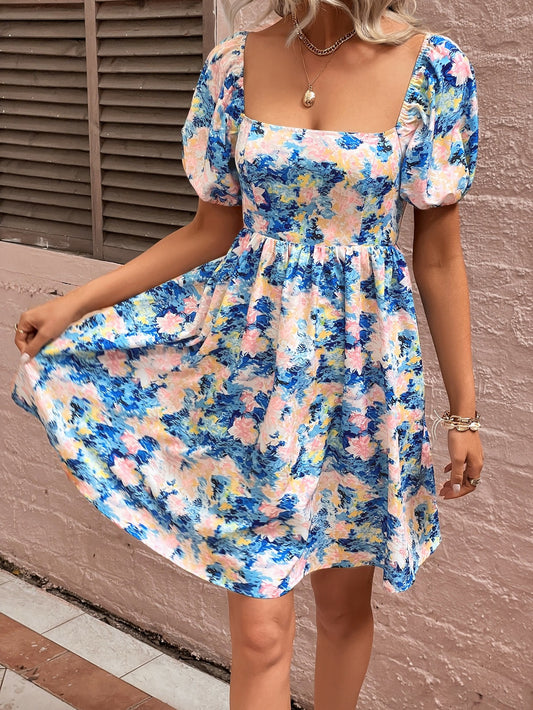 HANNAH MEA Floral Square Neck Puff Sleeve Dress