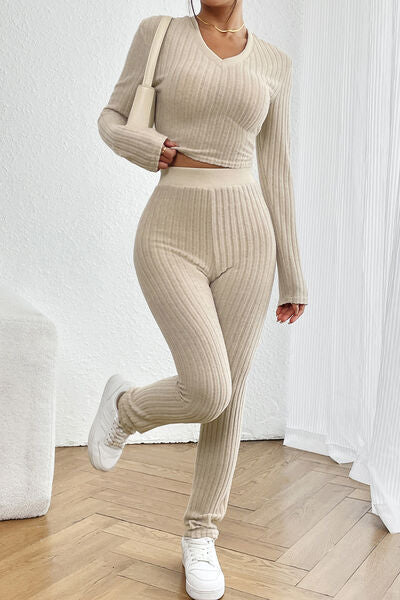 Adryane Jay Ribbed V-Neck Long Sleeve Cropped Top and Pants Set