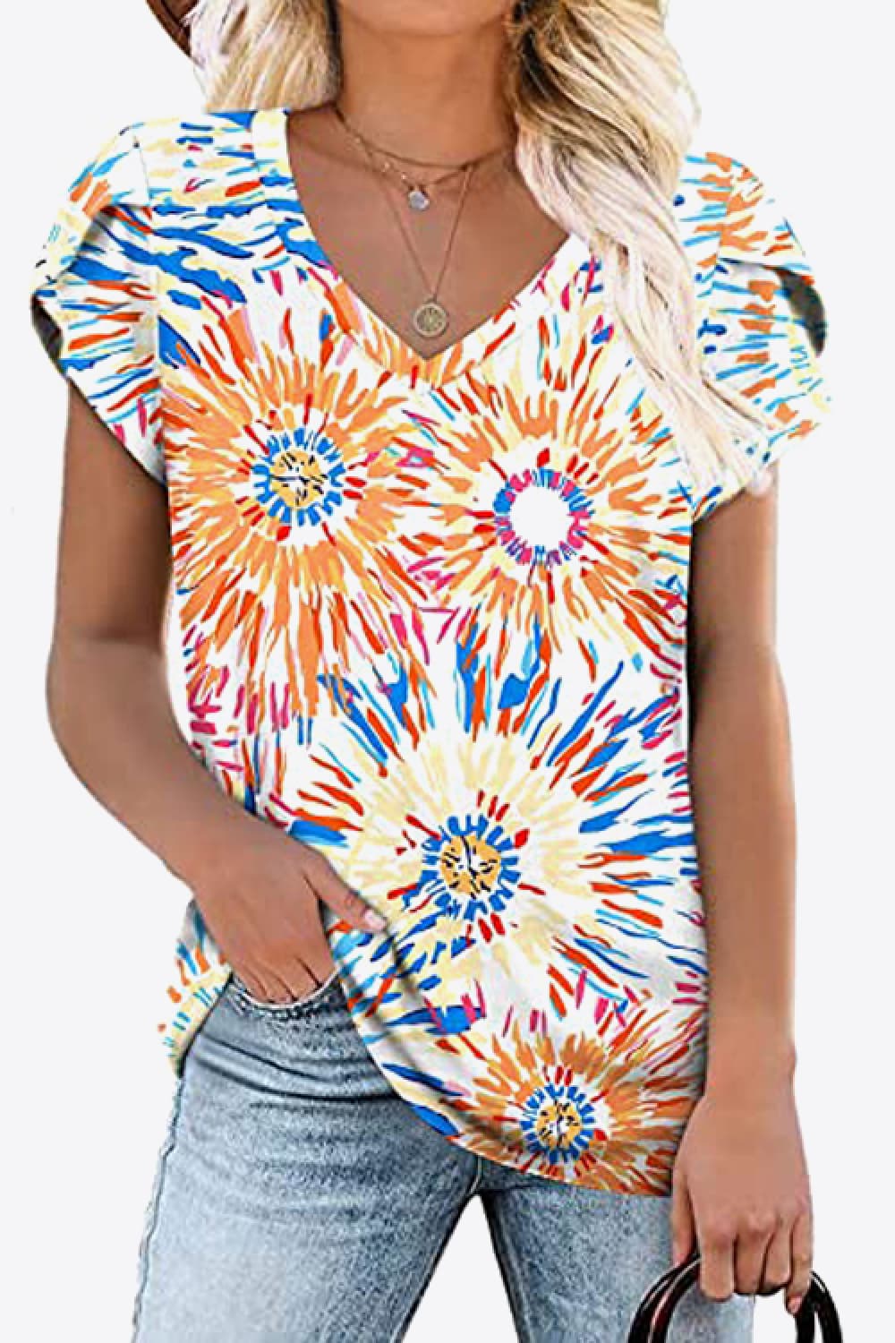 Full Size Printed Petal Sleeve V-Neck Blouse