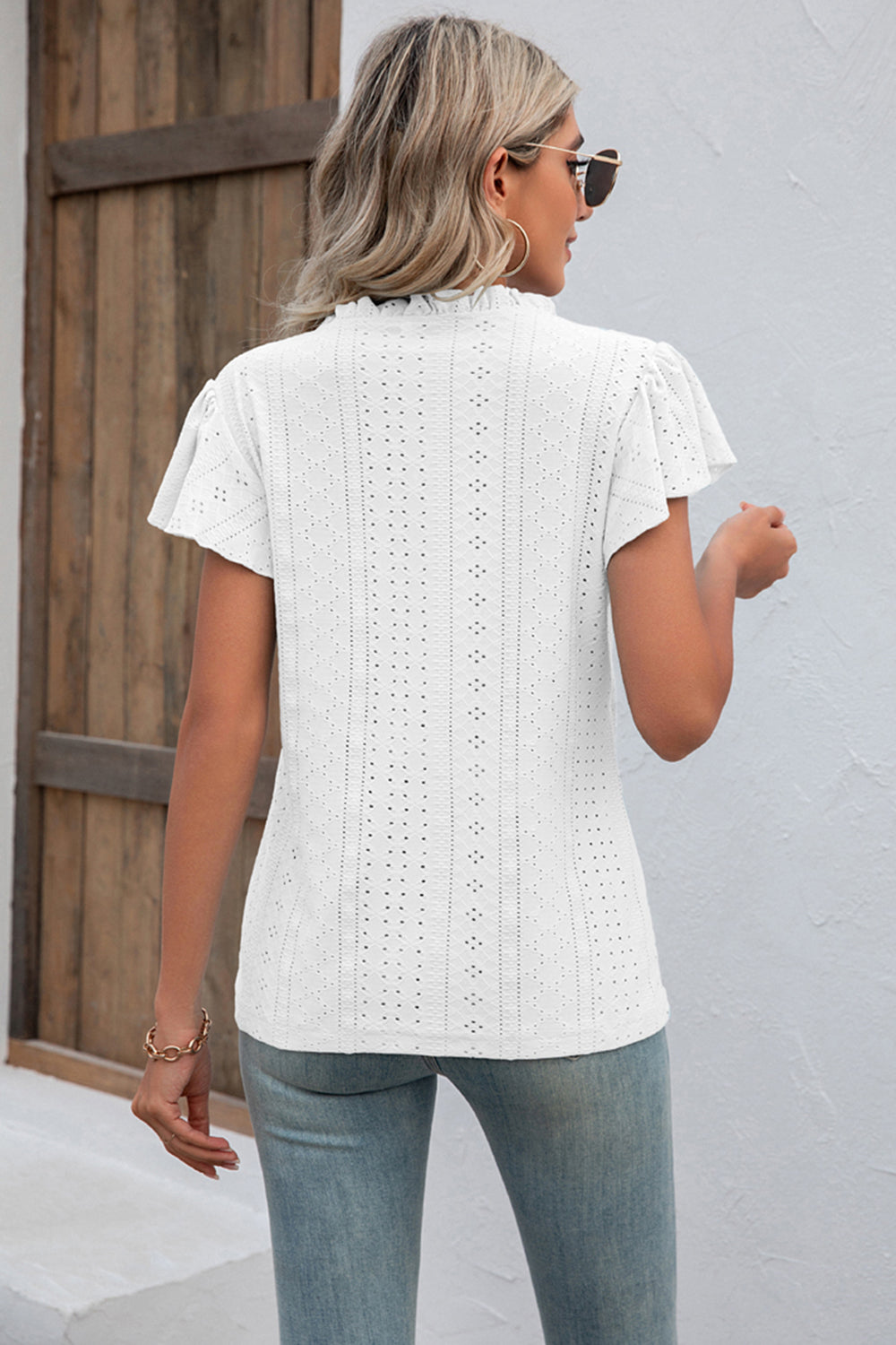 Full Size Eyelet Notched Neck Flutter Sleeve Top