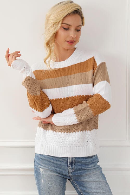 LoveByHannah Striped Round Neck Ochre Long Sleeve Knit Top