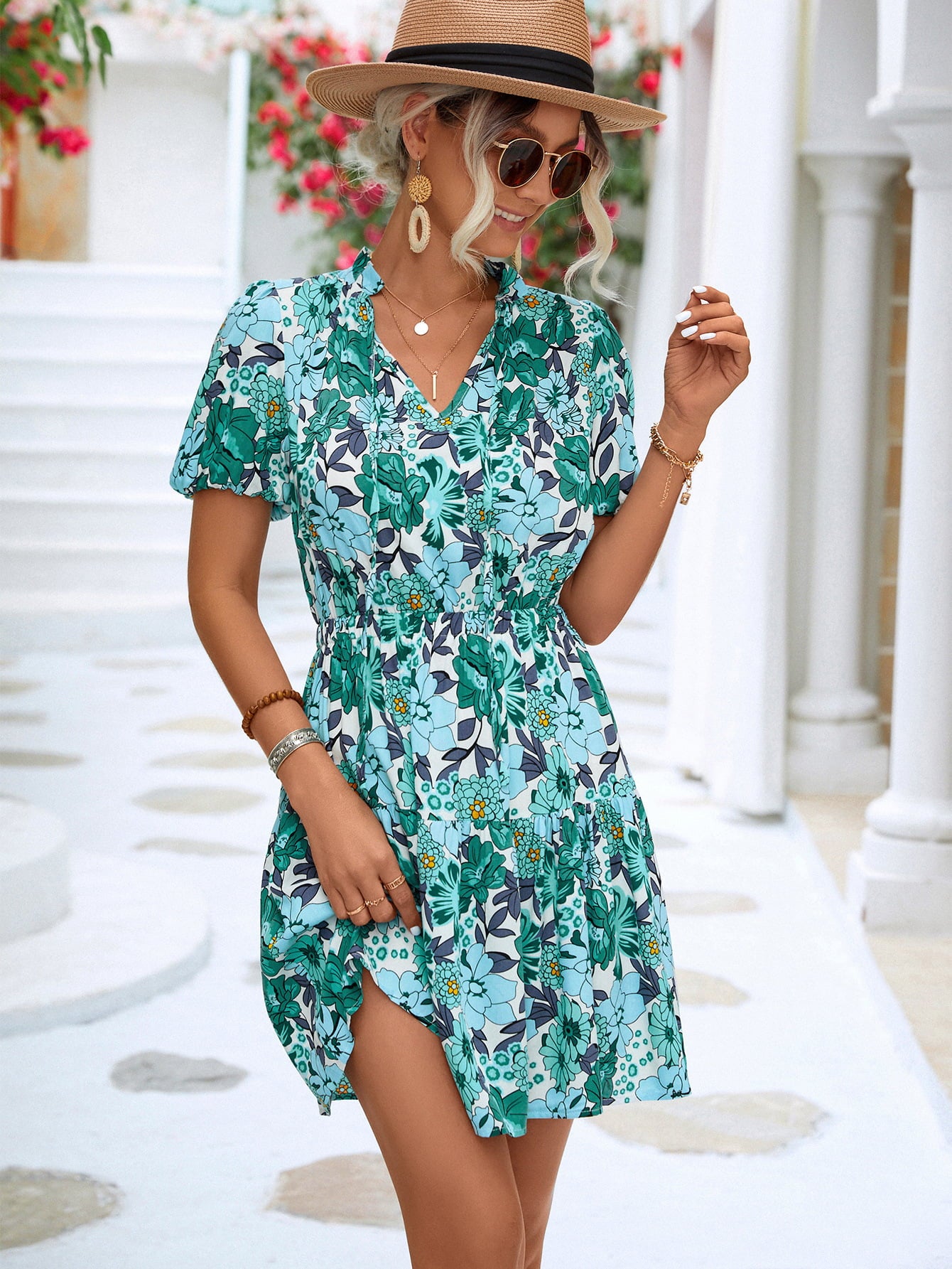 Women's Floral Tie Neck Puff Sleeve Tiered Dress
