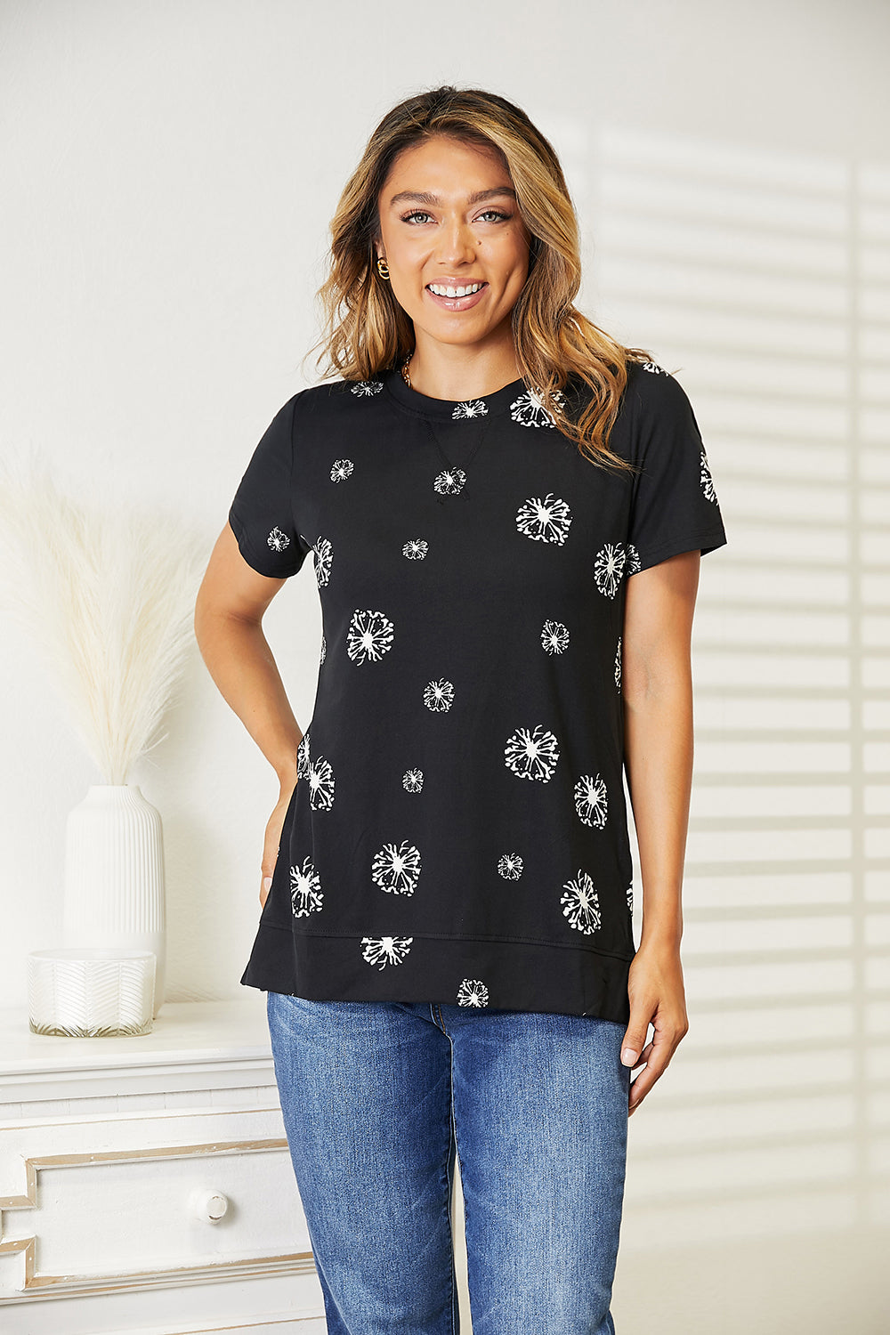 Double Take Black Full Size Dandelion Print Round Neck T-Shirt