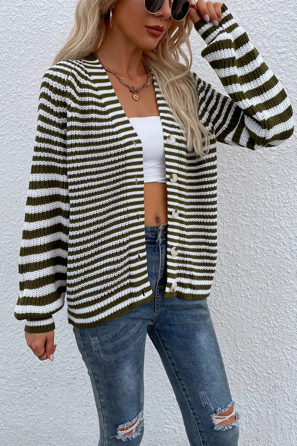 LakenLea Striped V-Neck Button-Down Cardigan