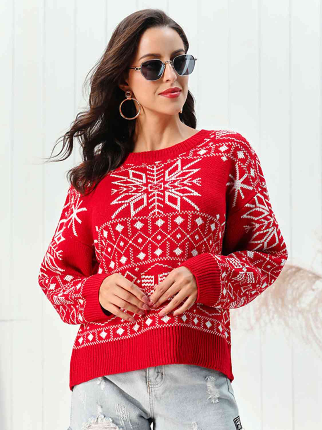 Christmas Snowflake Pattern Round Neck Sweater