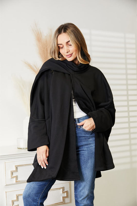 HEYSON Full Size Open Front Black Cardigan with Scarf Design