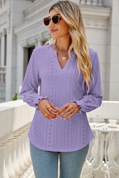 Laura Jay Eyelet Notched Lantern Sleeve T-Shirt