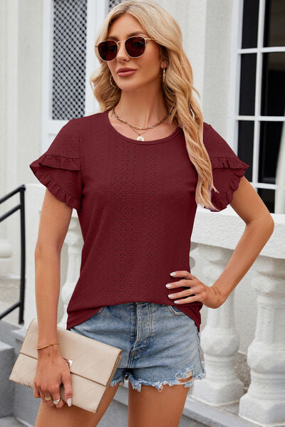 Eyelet Round Neck Petal Sleeve T-Shirt