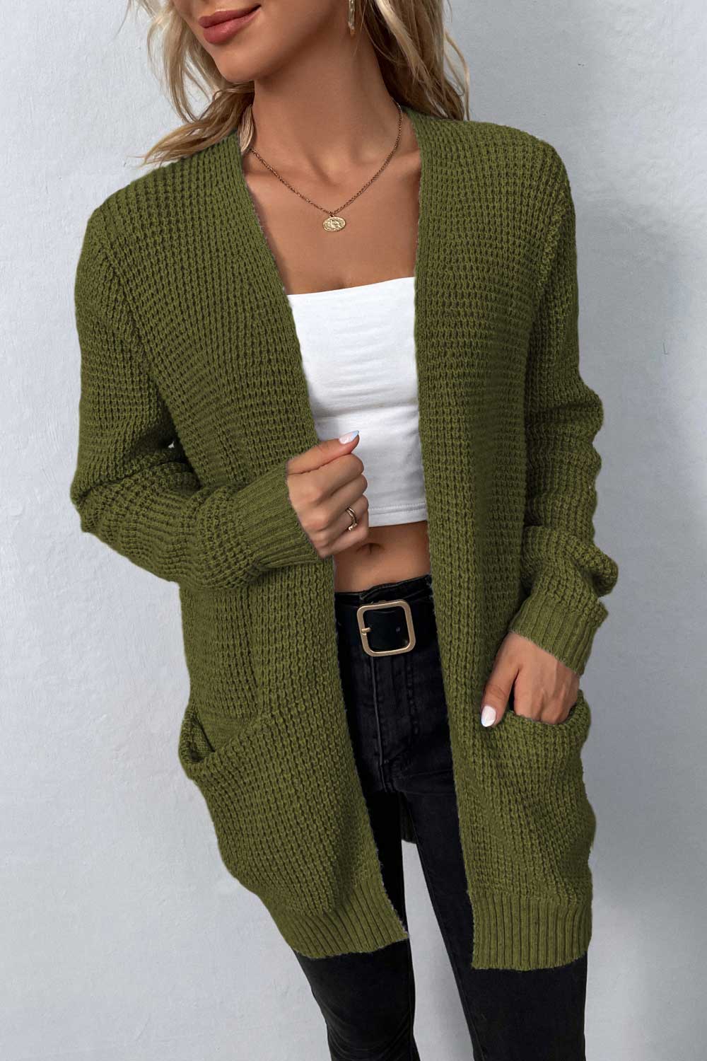 ZeldaMarie Rib-Knit Open Front Pocketed Cardigan