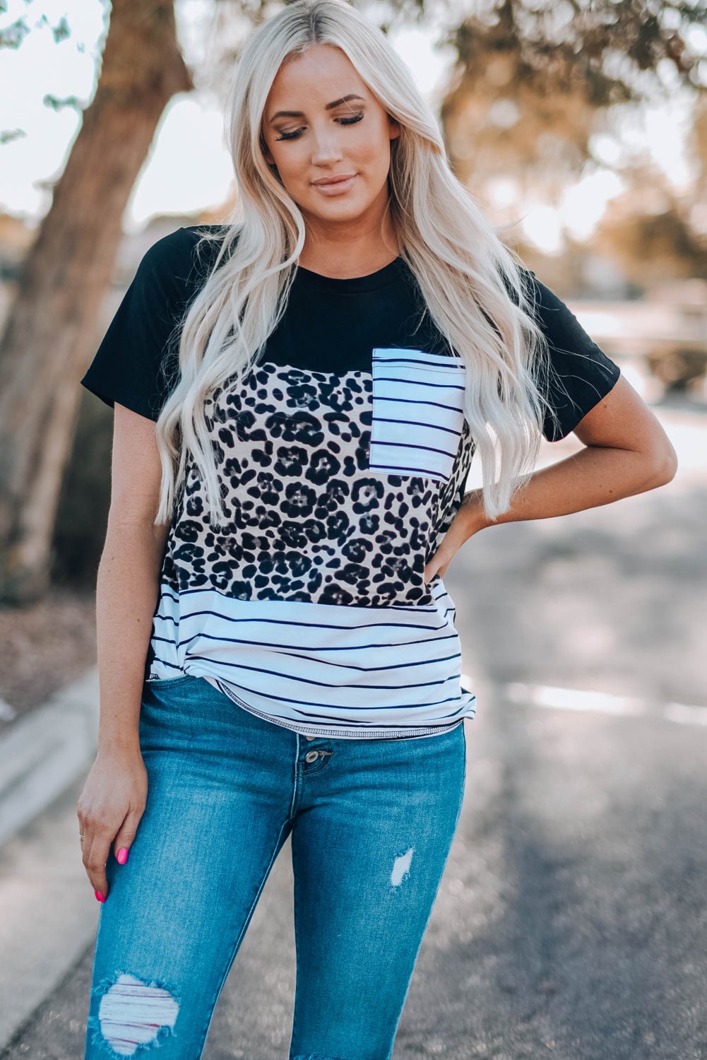 Women's Full Size Mixed Print Color Block Round Neck Tee Shirt