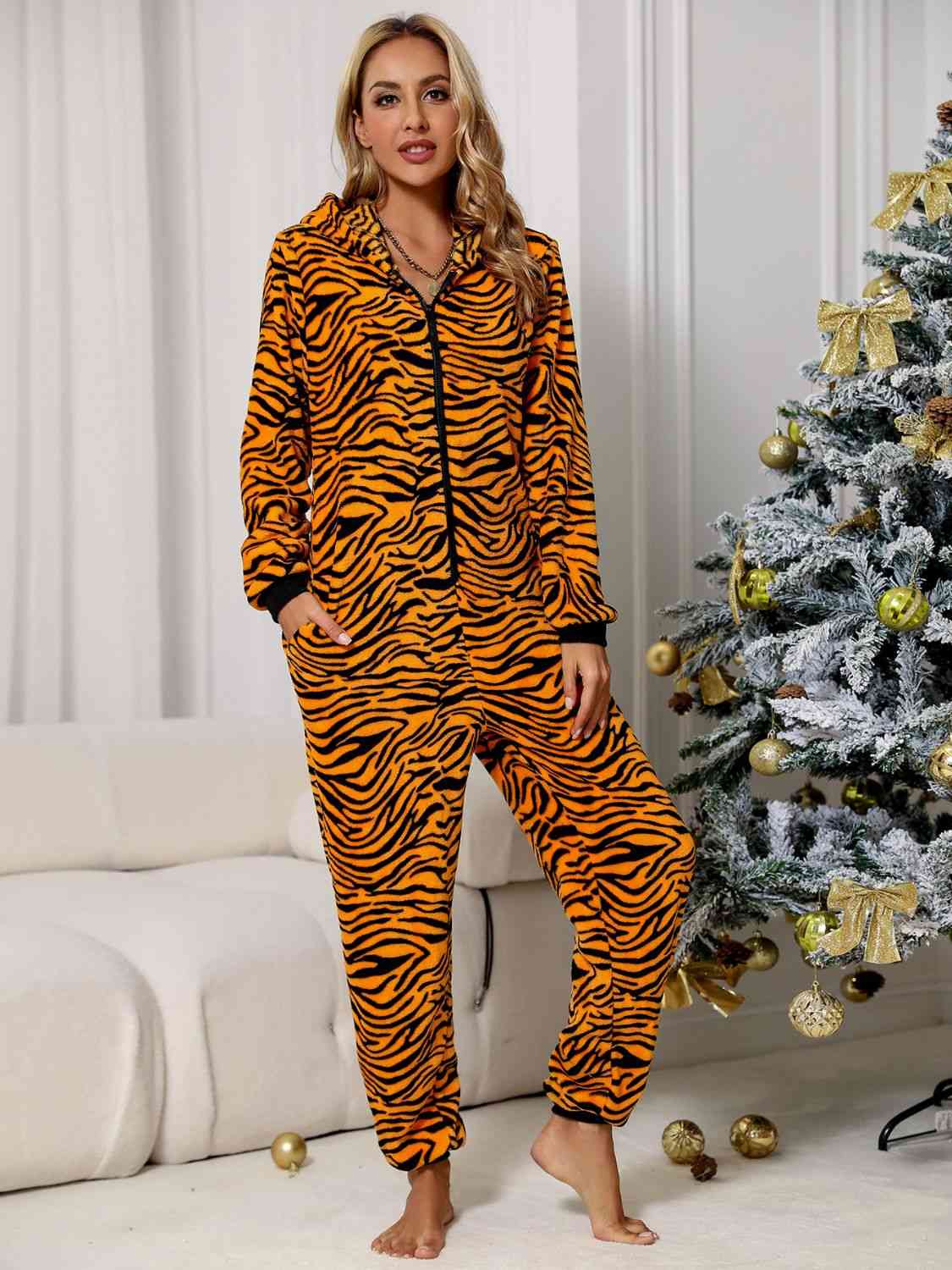 Animal Print Zebra Zip Front Lounge Jumpsuit with Pockets