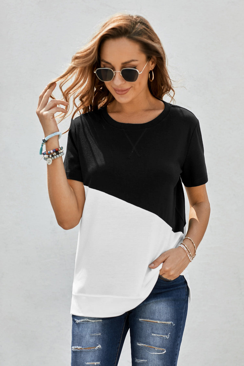 Full Size Two-Tone Round Neck Tee