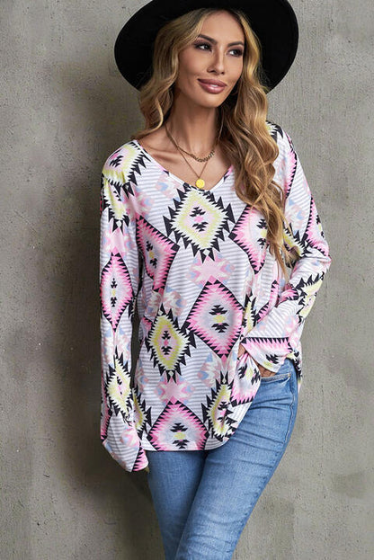 Geometric V-Neck Long Sleeve T-Shirt