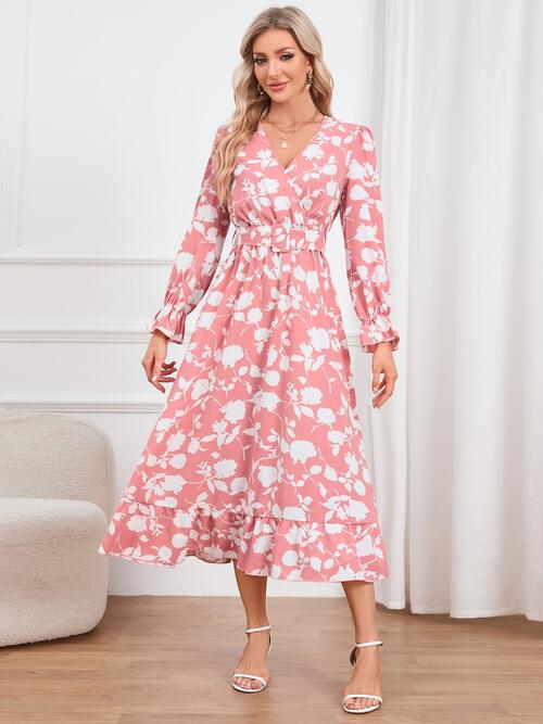 H.Y.G@E Attire Floral Surplice Flounce Sleeve Ruffle Hem Dress