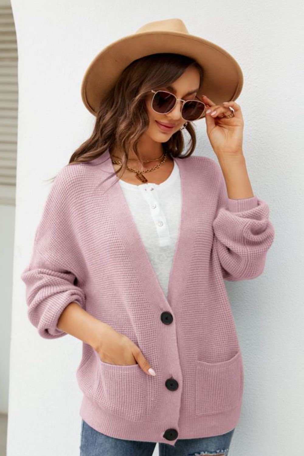 SkyMarie Waffle-Knit Dropped Shoulder Cardigan