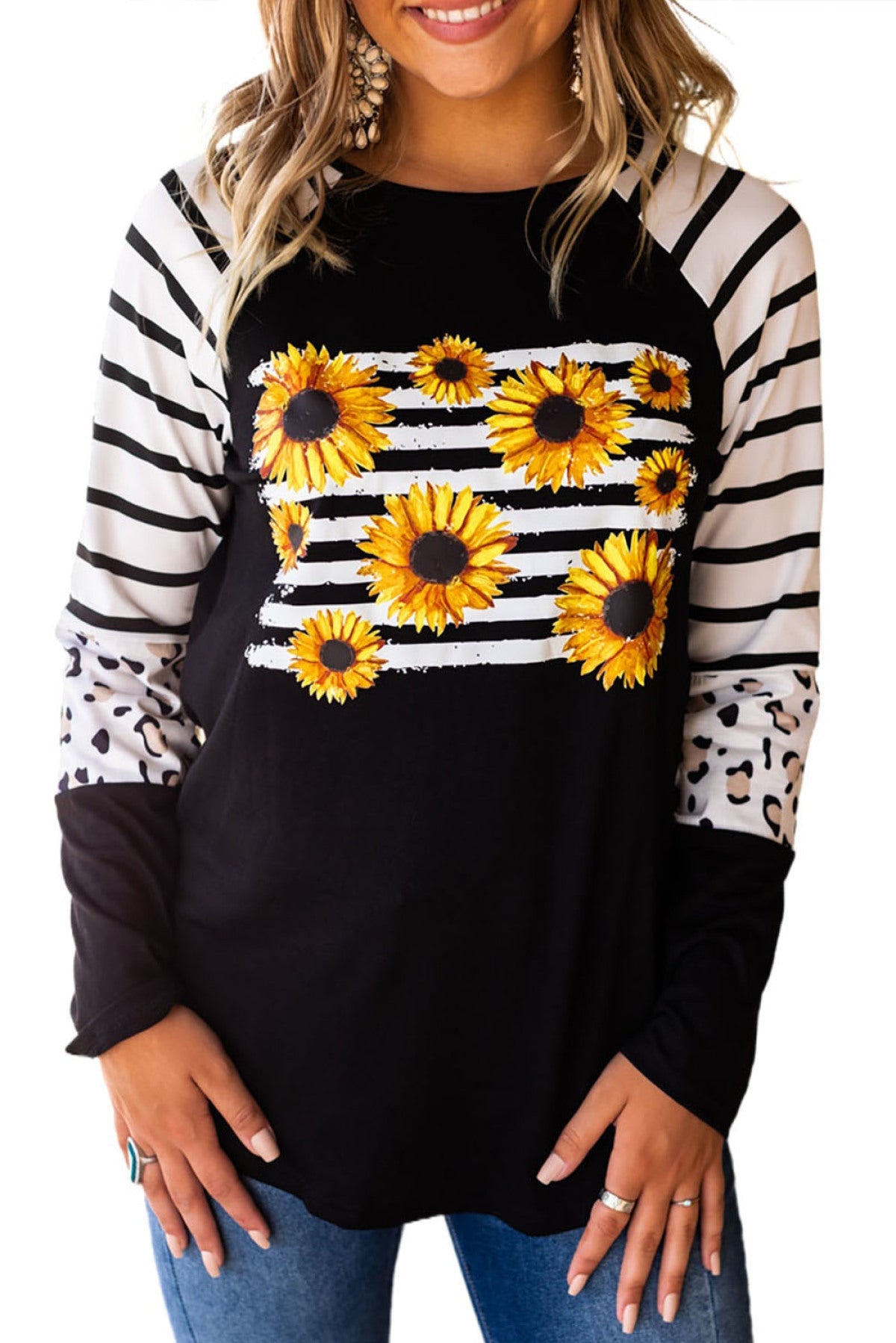 Colorblock Striped & Leopard Long Sleeve Top