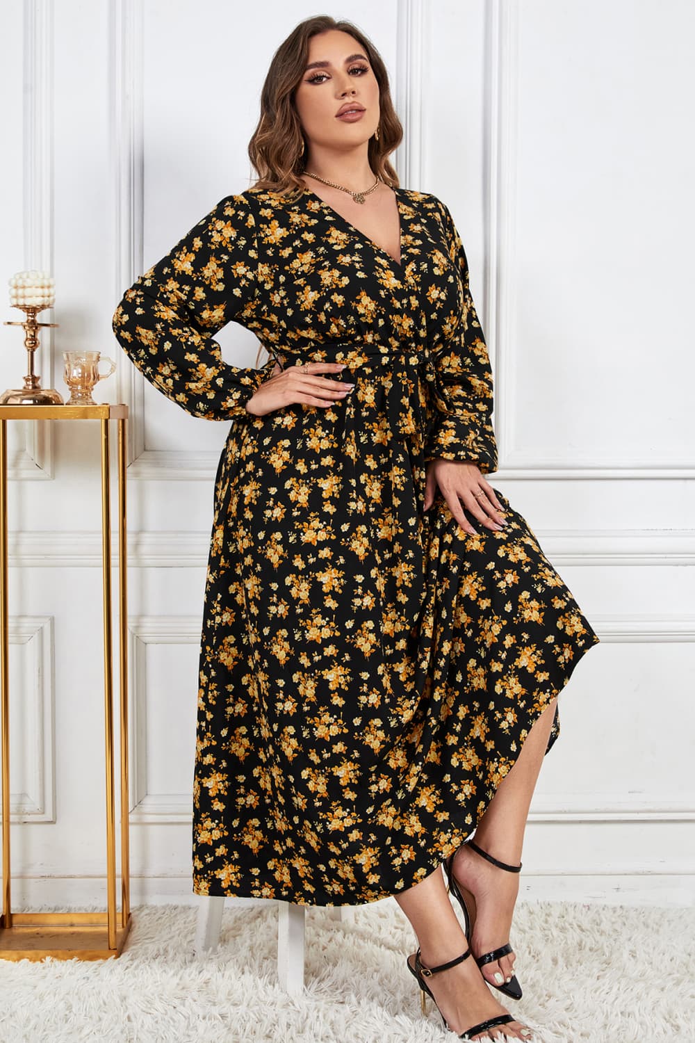 IdeationJovial Plus Size Floral Surplice Neck Long Sleeve Dress