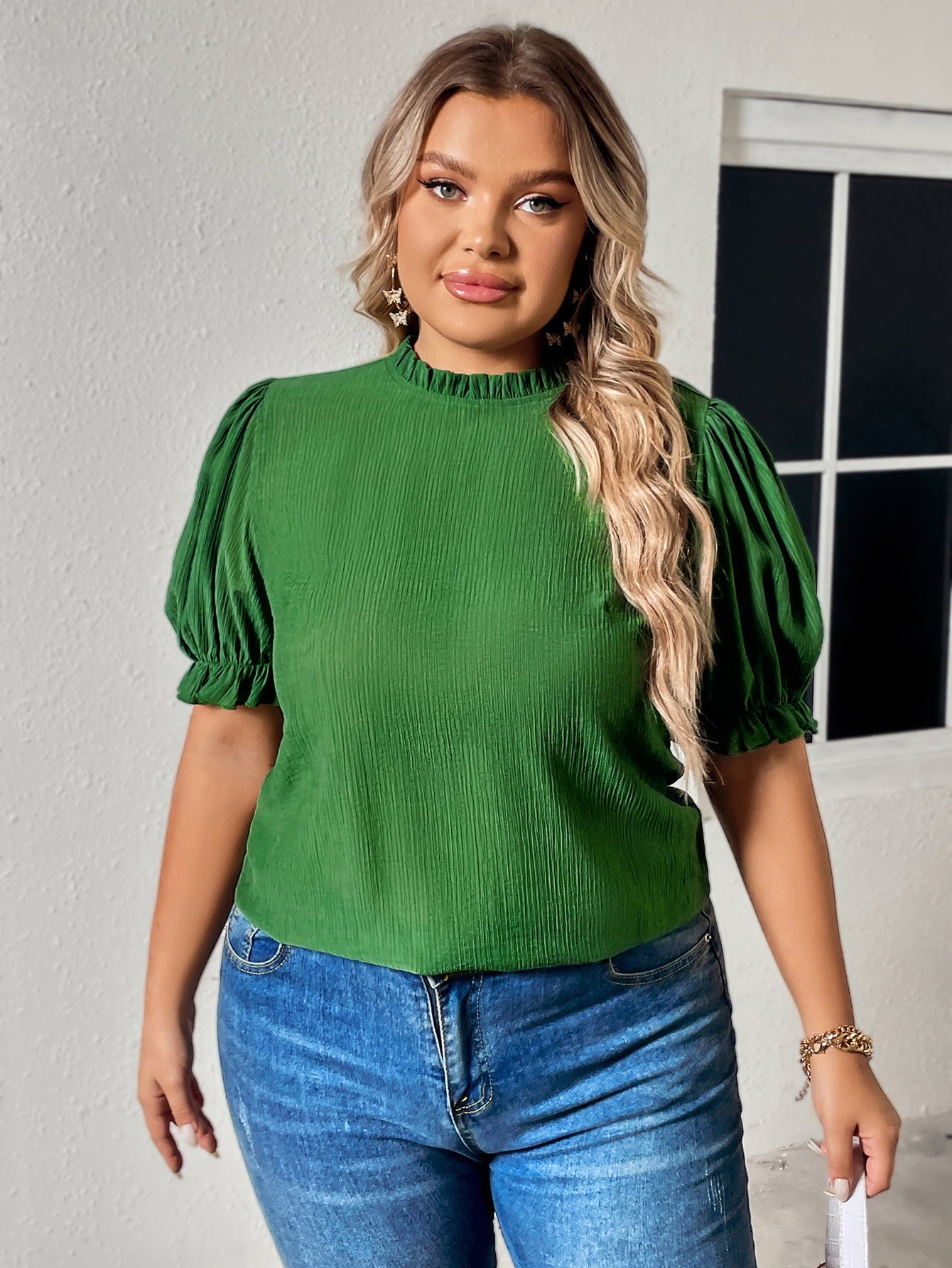 Plus Size Round Neck Flounce Sleeve Blouse