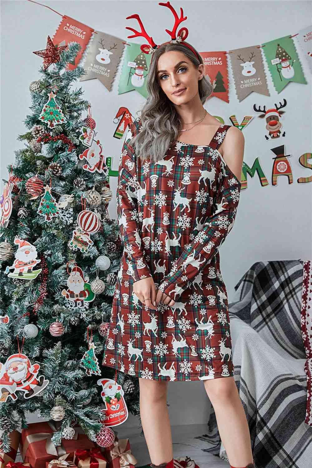 Christmas Asymmetrical Neck Long Sleeve Mini Dress