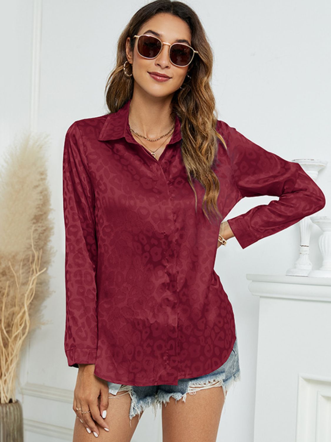 Full Size Printed Long Sleeve Collared Neck Shirt