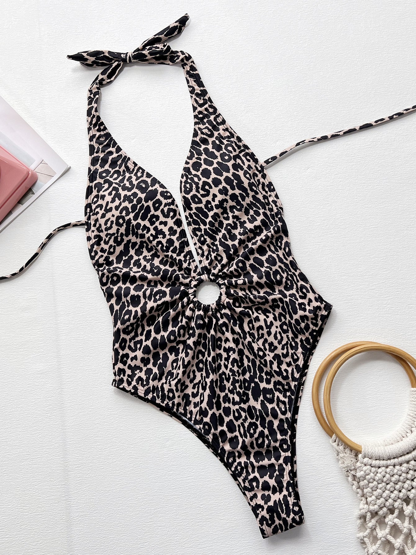 NY CANDY Leopard Halter Neck Ring Detail One-Piece Swimsuit