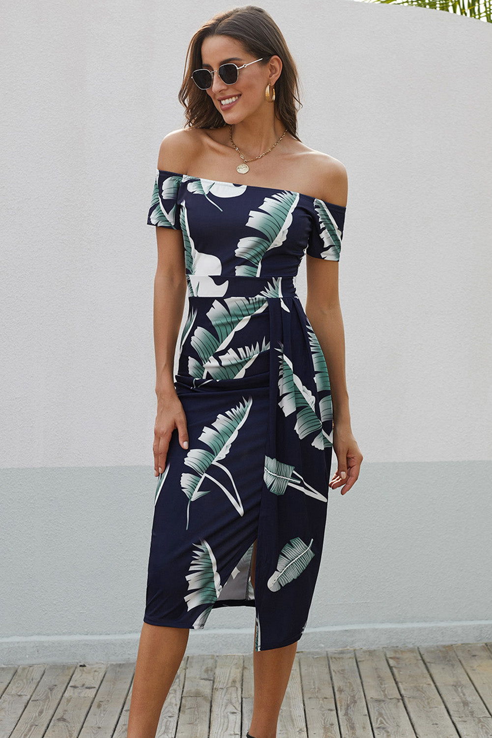 Women's Full Size Printed Off-Shoulder Split Dress