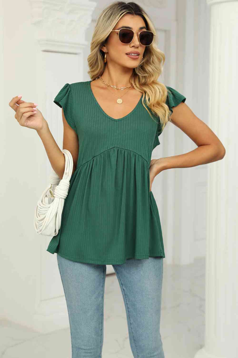 Full Size V-Neck Flutter Sleeve Babydoll Blouse