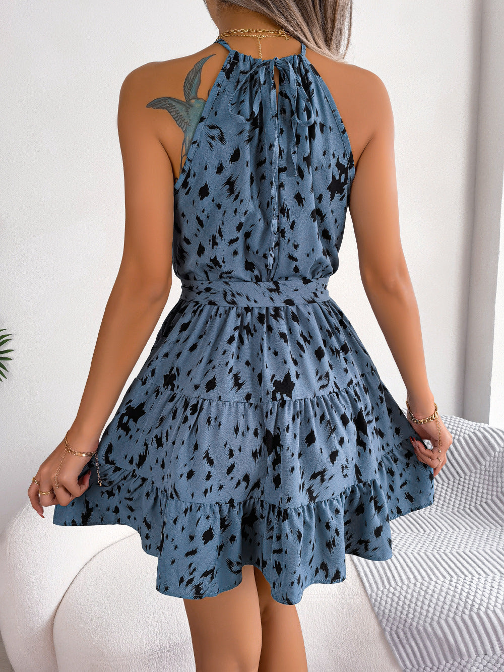 Athena Rea Halter Neck Printed Tie Waist Sleeveless Mini Dress